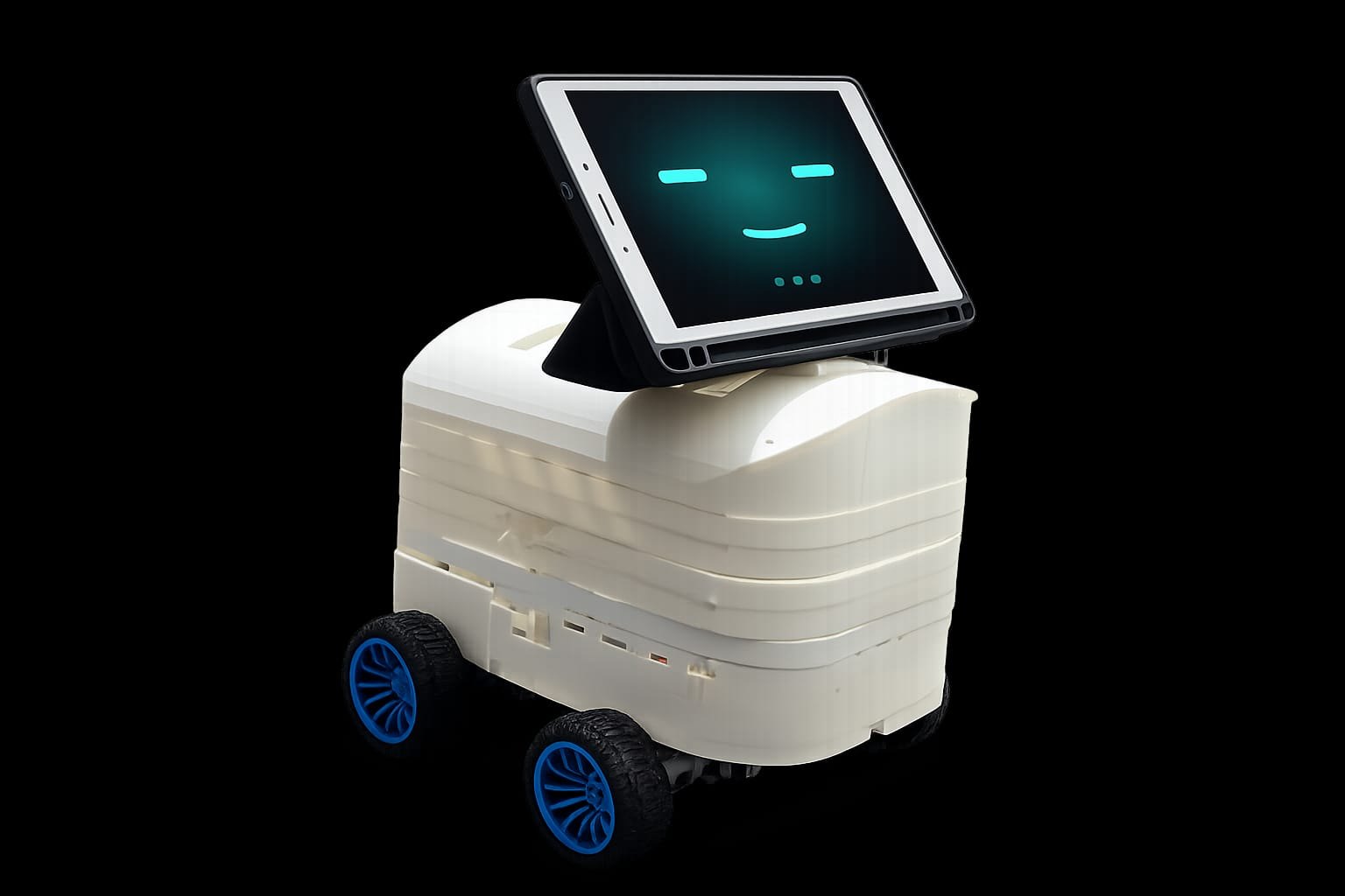The MuseBot AI competition build against black: a white printed shell in stacked horizontal ridges on four knobby black tyres with blue rims, and a tablet on a raked mount above the body showing a cyan face with two closed eyes and a smile.
